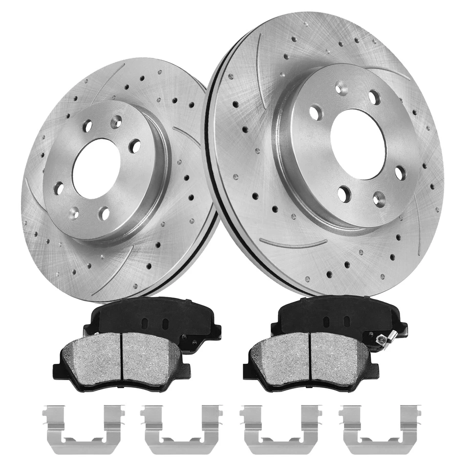 Front & Rear Drilled Rotors Brake Pads for 2012-2017 Hyundai Accent Kia Rio 1.6L Foto 2 de 4