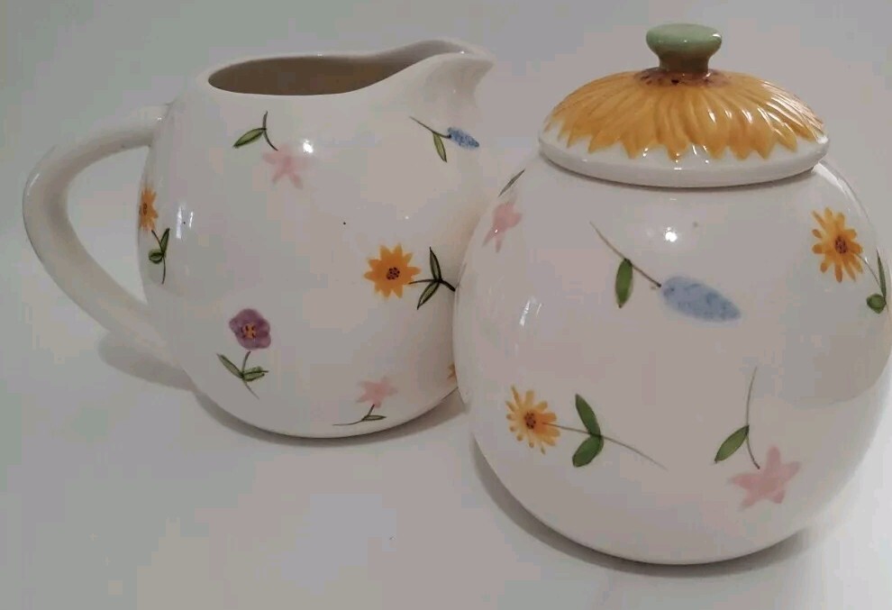 Russ Berrie Handpainted Sugar Bowl And Creamer  Sping Flowers Design Sunflower