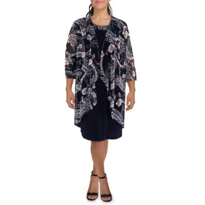 R&M Richards Womens Navy Printed Jacket Work Two Piece Dress Plus 20W BHFO 8232