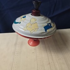 Vintage LBZ Tin Metal Spinning Top Toy - White/Yellow Teddy Bears Trains Germany