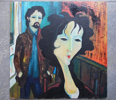 Cooles Paar, ausgefallenes Portrait Mann und Frau. Oldtimer Öl von JL 1965 Original
