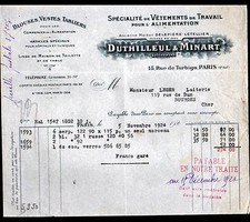 PARIS (II°) BLOUSES & APRONS / WORKWEAR "DUTHILLEUL & MINART" 1924