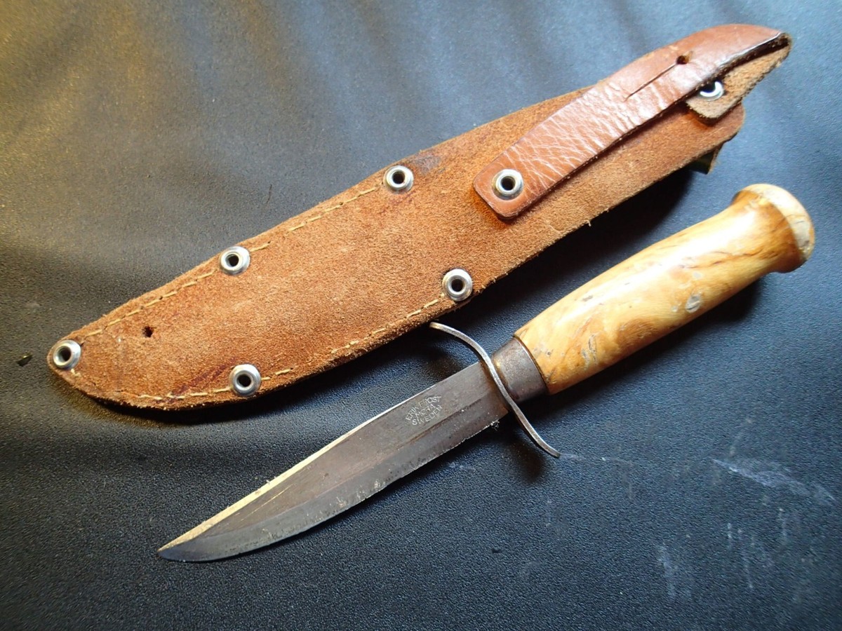 VINTAGE SCOUT KNIFE ERIK FROST MORA w WOOD HANDLE & GREEN SHEATH