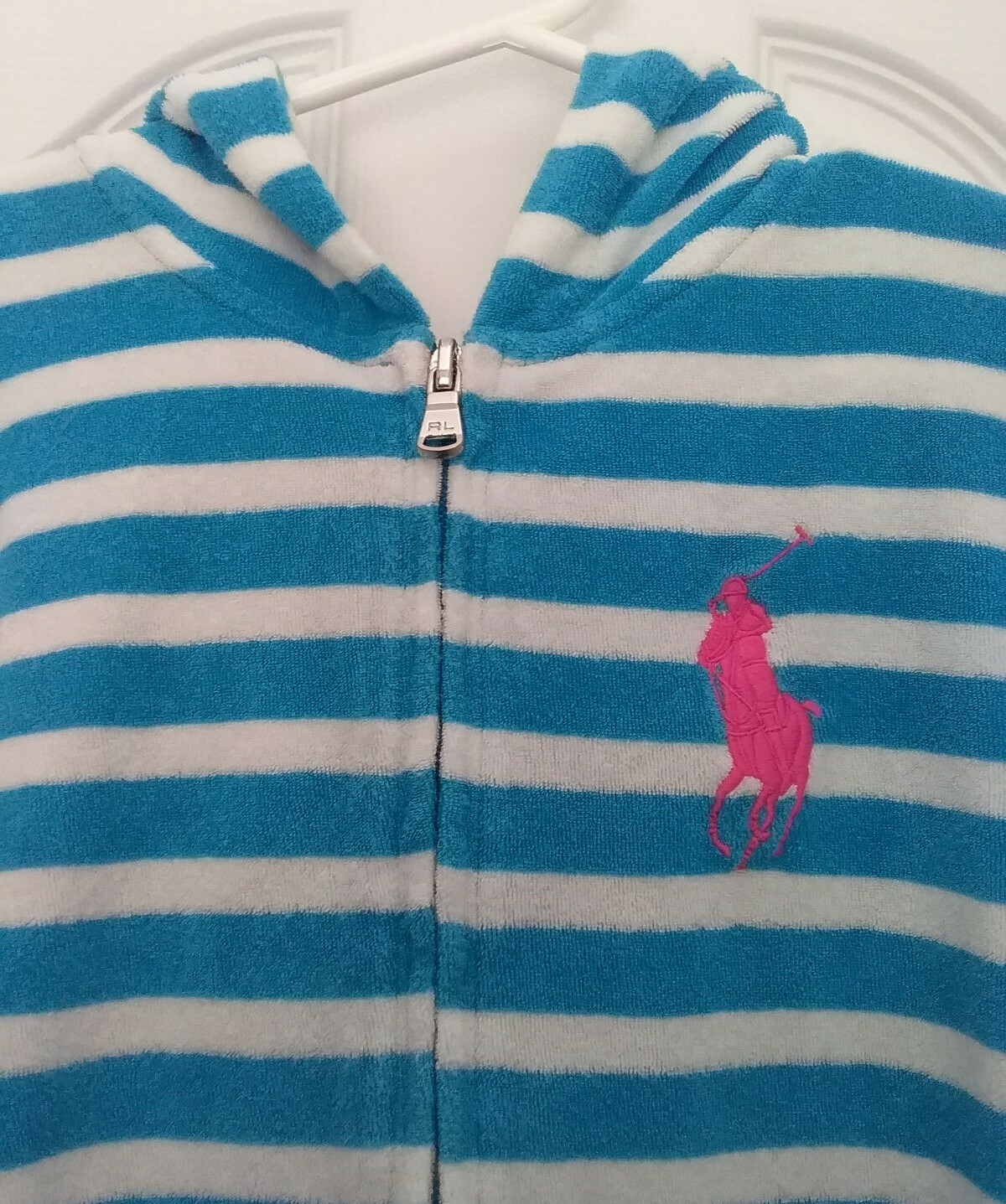 Giacca Terry Ralph Lauren L S Big Pony blu a righe con cappuccio e zip usata in ottime condizioni taglia 8 10 16