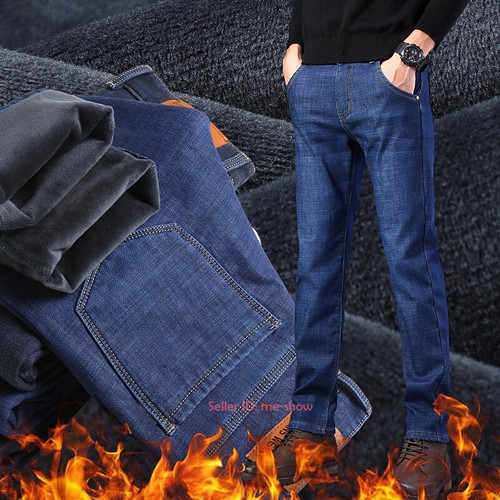 Mens Winter Thermal Jeans Fleece Lined Denim Pant Thick Stretch Straight Trouser - Picture 4 of 14