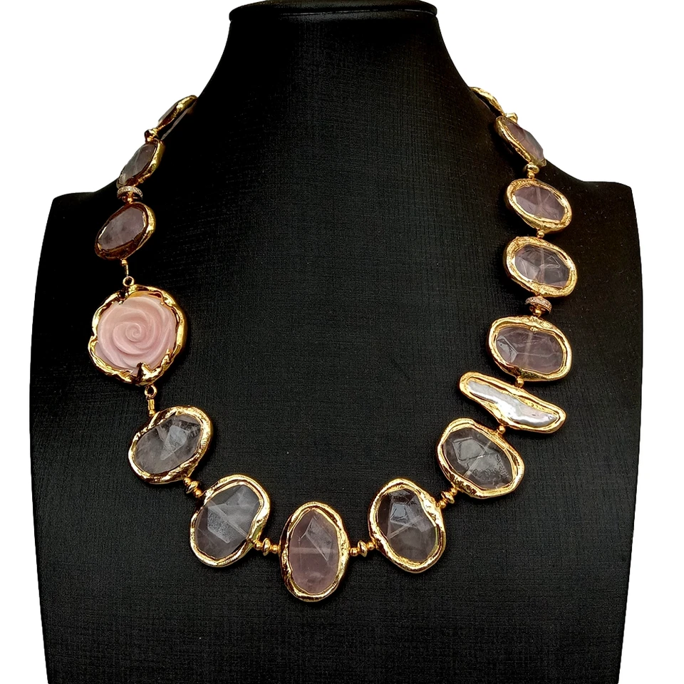 Natural Rose Quartz Faceted Pink Sea Shell Flower White Biwa Pearl Necklace - Image 2 of 4