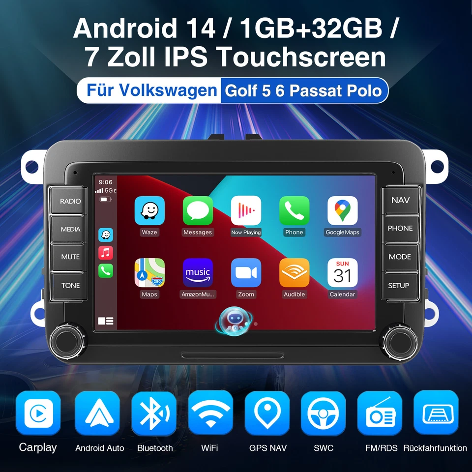 7" 32G Carplay Android 14 Autoradio RDS GPS NAV Kam Für VW GOLF 5 6 Touran Jetta - Bild 2 von 4