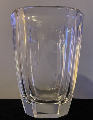 ORREFORS Kristall Kunst Glas Vase signiert geätzt Jungfrau & Vögel Lindstrand 50er Jahre