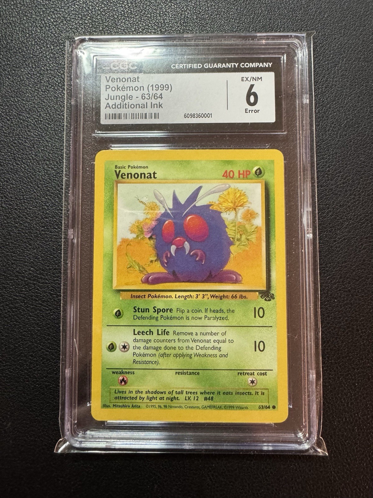 Venonat 63/64 CGC 6 Additional Ink Error Thick Shadow 1999 Jungle Pokemon Card