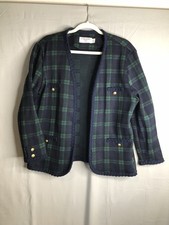 Alfred Dunner Open Blazer Plaid Blue/Green Eyelet Lace sz 12 Petite Vintage USA