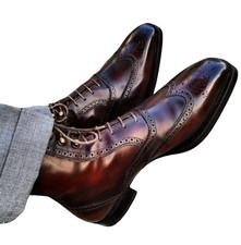 Handmade Wingtip Brown Genuine Leather Ankle Lace Up Dress Office Boots For Men