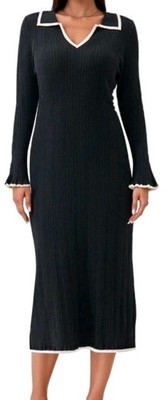 Pretty Garden Black & White Trims Long Sleeve V-neckline Ribbed Dress (Size XXL)