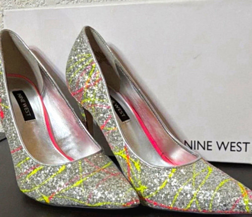 Nine West Silver Glitter Pointed Toe Stiletto Slip On Pumps Synthetic US 6.5 M