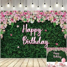 7x5ft Green Leaves Floral Birthday Backdrop Pink Rose Flower Wall Photo