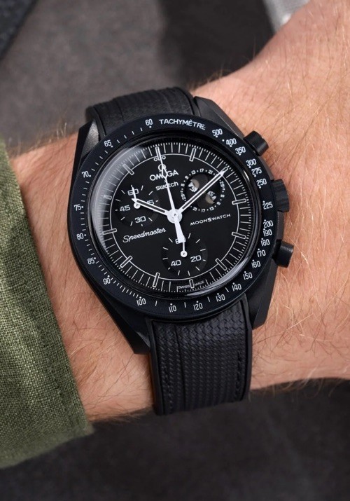 Omega Swatch Moonswatch Speedmaster Silicone Strap 20mm Black And Black Stitches