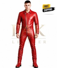 MEN'S HANDMADE REAL LAMBSKIN RED LEATHER OVERALL JUMPSUIT BIKER STYLE BODYSUIT