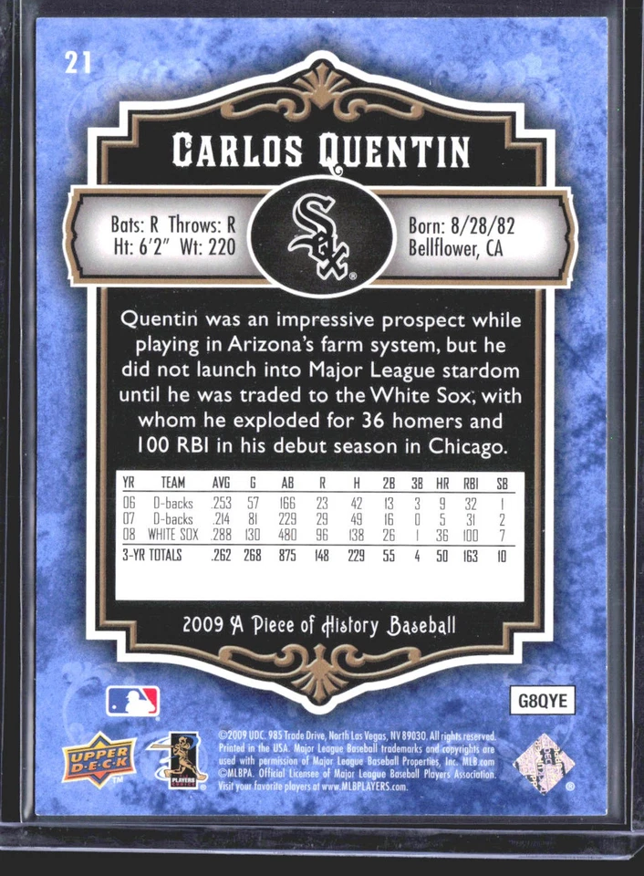 Carlos Quentin 2009 Upper Deck A Piece of History Blue SN #/299 - Image 2 of 2