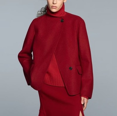 NWT UNIQLO X Jil Sander +J Women M Double Face Collarless Wool Jacket Coat Red