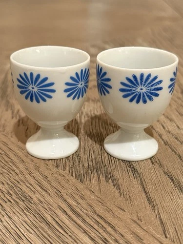 VTG  MCM Flower Floral White Milk Glass Egg Cups Footed Set of 2 Petite Easter