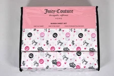 Juicy Couture QUEEN Bed Sheets 6 Pcs. Crown, JC logo, Hearts, Stars