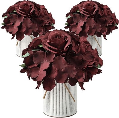 Artificial Wedding Hydrangeas Centerpieces Rustic Metal Vase Set of 3 Burgundy