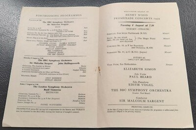  1959 Edith Vogel Piano Elizabeth Simon Promenade Concert Programme Albert Hall