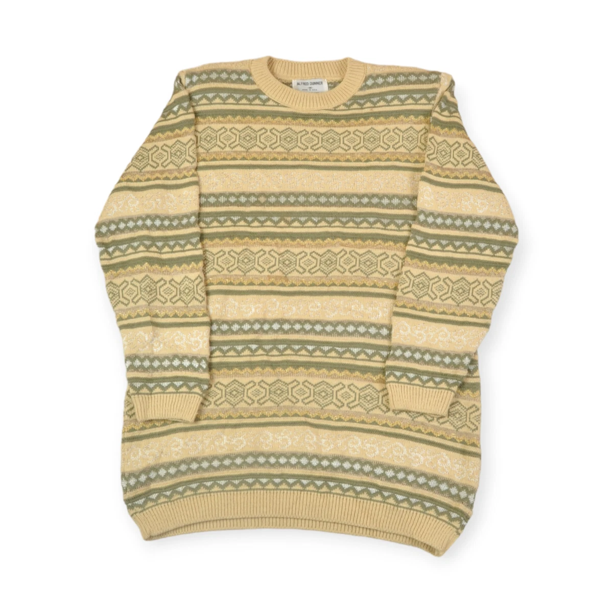 Vintage Knitted Jumper Retro Pattern Cream Green Ladies Medium