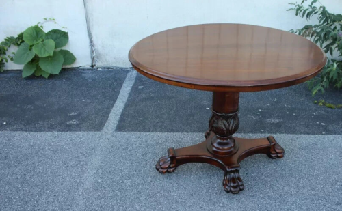 Antique Empire Style Walnut Round Center Table with Claw Feet, Elegant Pedestal