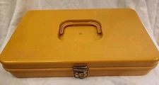 Vintage Wilson Wil-Hold Sewing Storage Box HARVEST GOLD With Wood Spool Thread