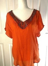 Women's I.N. Studio Rich Orange Embellished Crinkle Fabric Short Sleeved Blouse