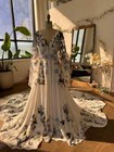 Boho Wedding Dresses V Neck Long Sleeves Backless 3D Flowers A Line Bridal Gowns