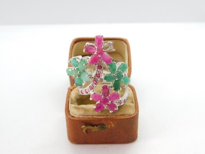 Großer Sterling Silber Smaragd & Rubin Paste Statement Floral Ring um 1990