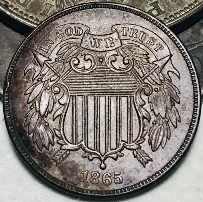 1865 Two Cent Piece 2C FULL MOTTO Civil War Era US Copper Coin CC23967 - Image 3 of 4