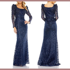 NWT $698 Mac Duggal [ 14 ] Embroidered Applique Trumpet Gown Midnight Blue G1256