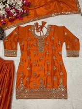 Classic Look Chinnon Silk Orange Top Palazzo With Dupatta For Function Wear