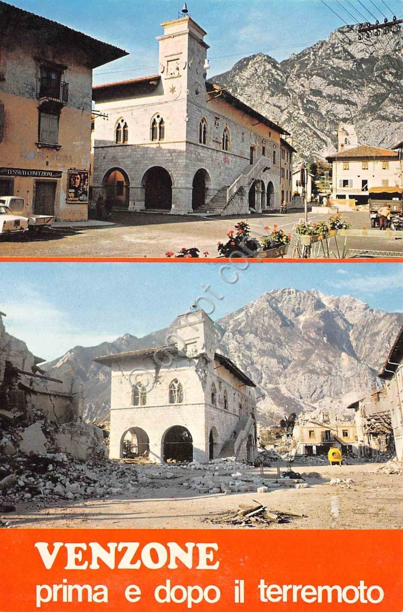 Cartolina Venzone prima e dopo il terremoto