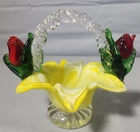 Murano Vintage Yellow Art Glass Mini Basket With Applied Red Roses Grn Leaves 4"