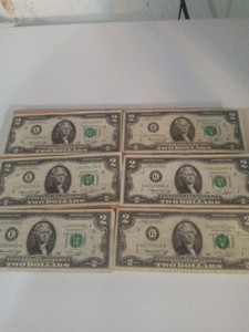 6 Bicentenial $2 Bills Circulated 1976 Lot of 6