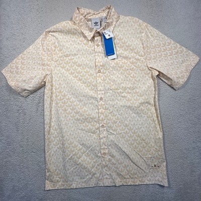 Adidas Originals Trefoil Monogram Shirt Mens M Tan Short Sleeve Button Up NWT