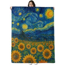 Starry Night Sunflower Soft Flannel Throw Blanket Spring Decor 50x60 Inch