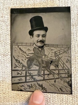 Antique Victorian Trick Tintype Photo Man on Donkey Caricature Top Hat c.1890