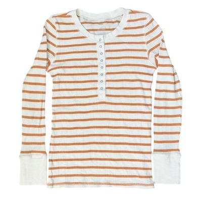 Aerie Womens M Ribbed Henely Orange White Striped Long Sleeve Top Layering Y2K