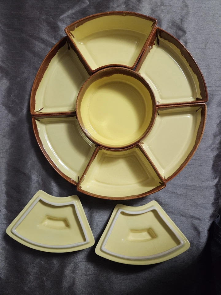  7 Piece Set  Ceramic Yellow & Brown Server  - Image 2 of 4