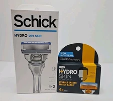 Schick Hydro Dry Skin RazorHandle + 2 Cartridges,& 4 Pack Stubble Eraser Refills