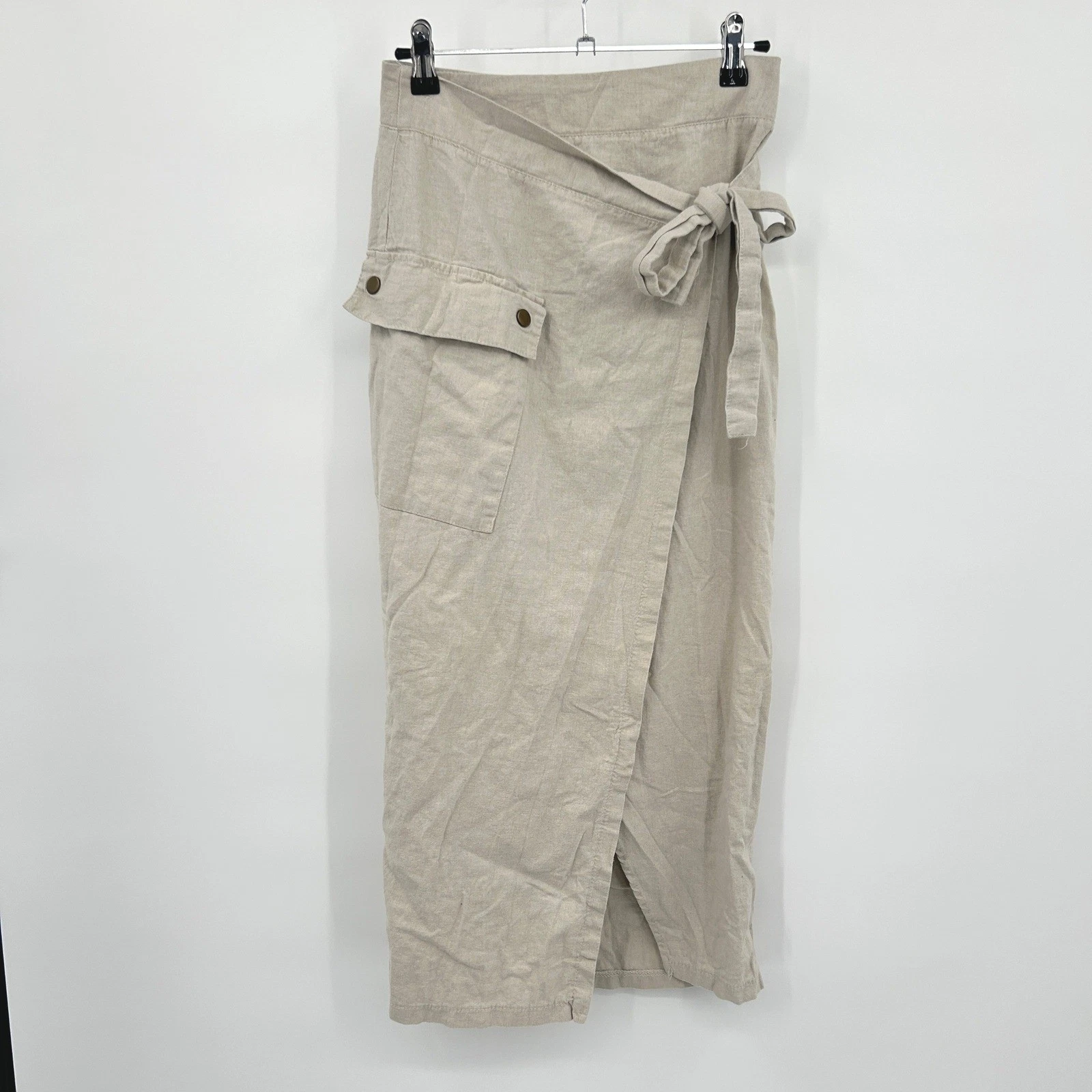Linen Blend Wrap Midi Skirt XS Oatmeal Cargo Pocket Coastal Boho Neutral
