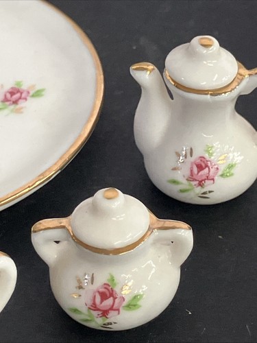 Juego de té miniatura vintage para casa de juegos productos de precio de porcelana oro blanco rosa - Imagen 8 de 11