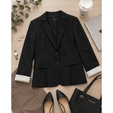 Ann Taylor Black Two Button Blazer Size 10 Pinstripe Roll Cuff Career Jacket