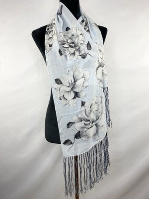 ECHO 100% Silk Light Blue Gray Floral Rose Print Long Fringe Scarf 65 X 10.75 