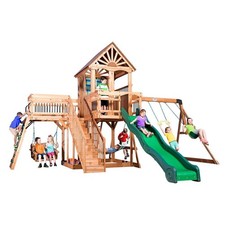 Outdoor Wooden Swing Set Toy Playhouse PlaySet with Slide Stairs All Cedar NEW
