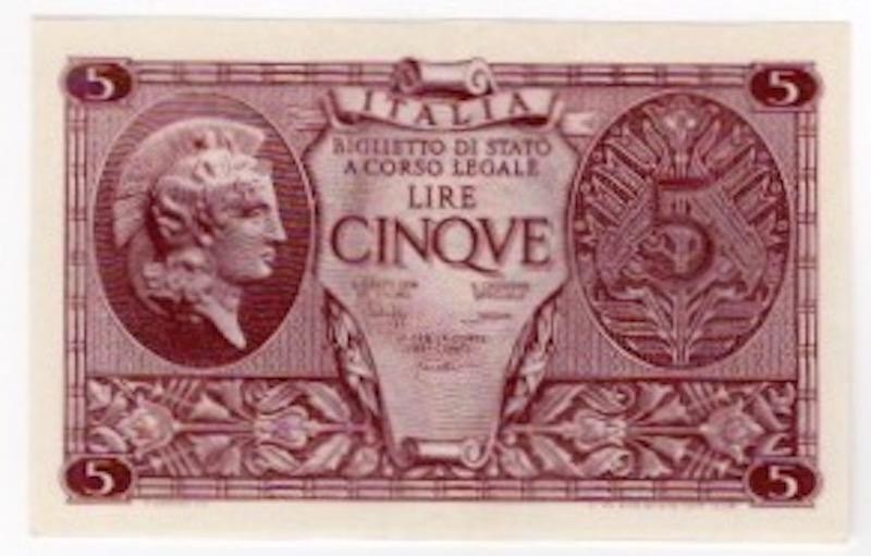 Italy 5 Lire Biglietto di Stato Currency Note Classical Design Issue P31 1944